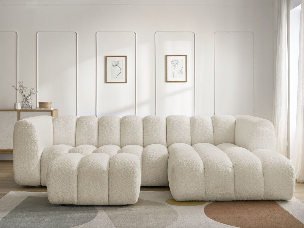 Canapé d'angle fixe TALIA tissu bouclette avec pouf
