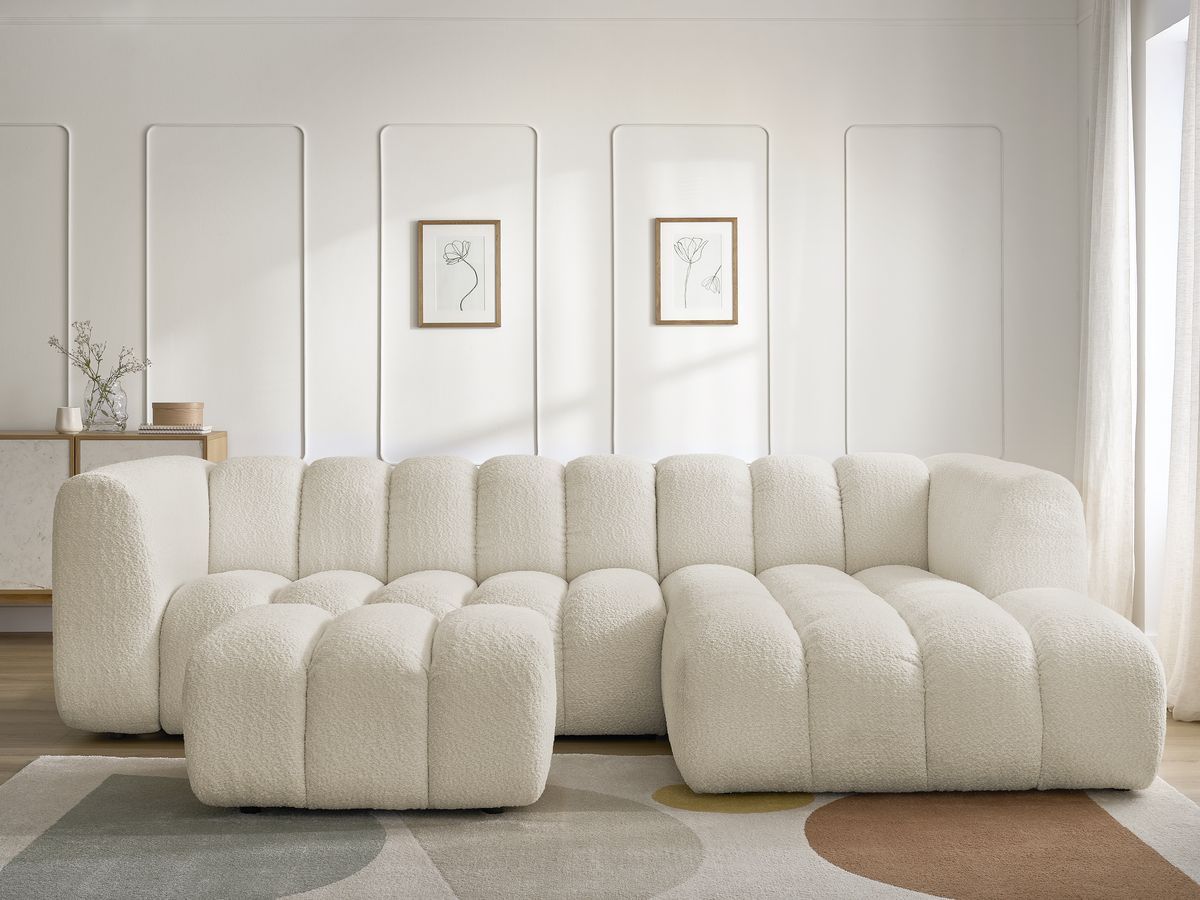 Canapé d'angle fixe TALIA tissu bouclette avec pouf