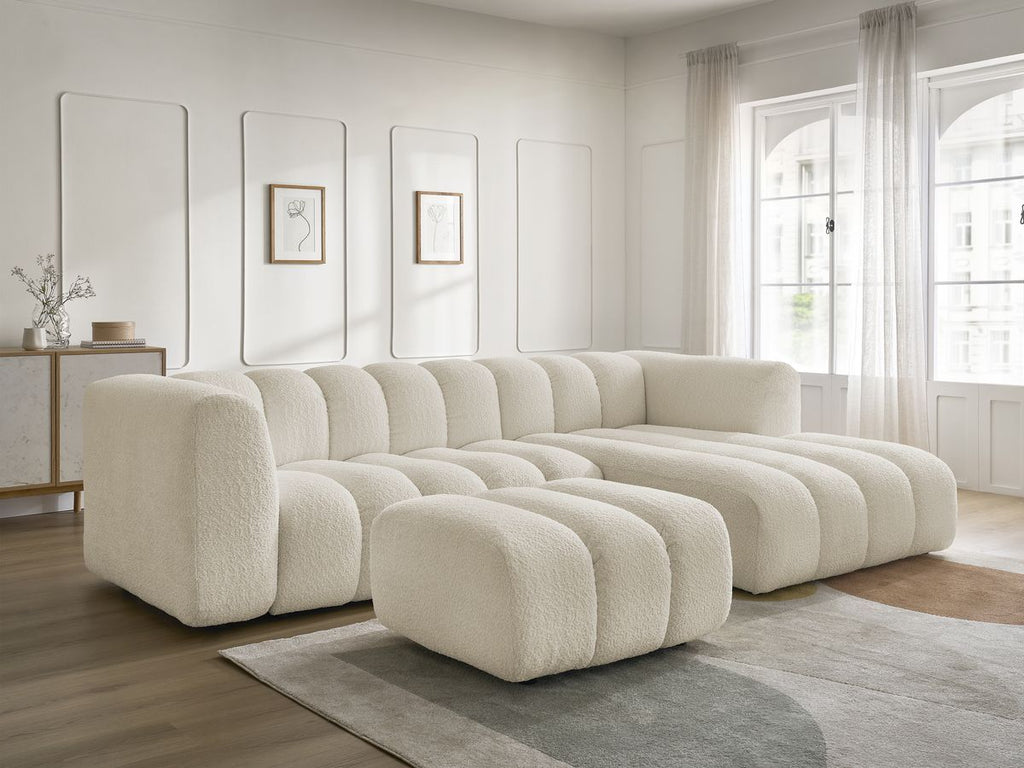 Canapé d'angle fixe TALIA tissu bouclette avec pouf