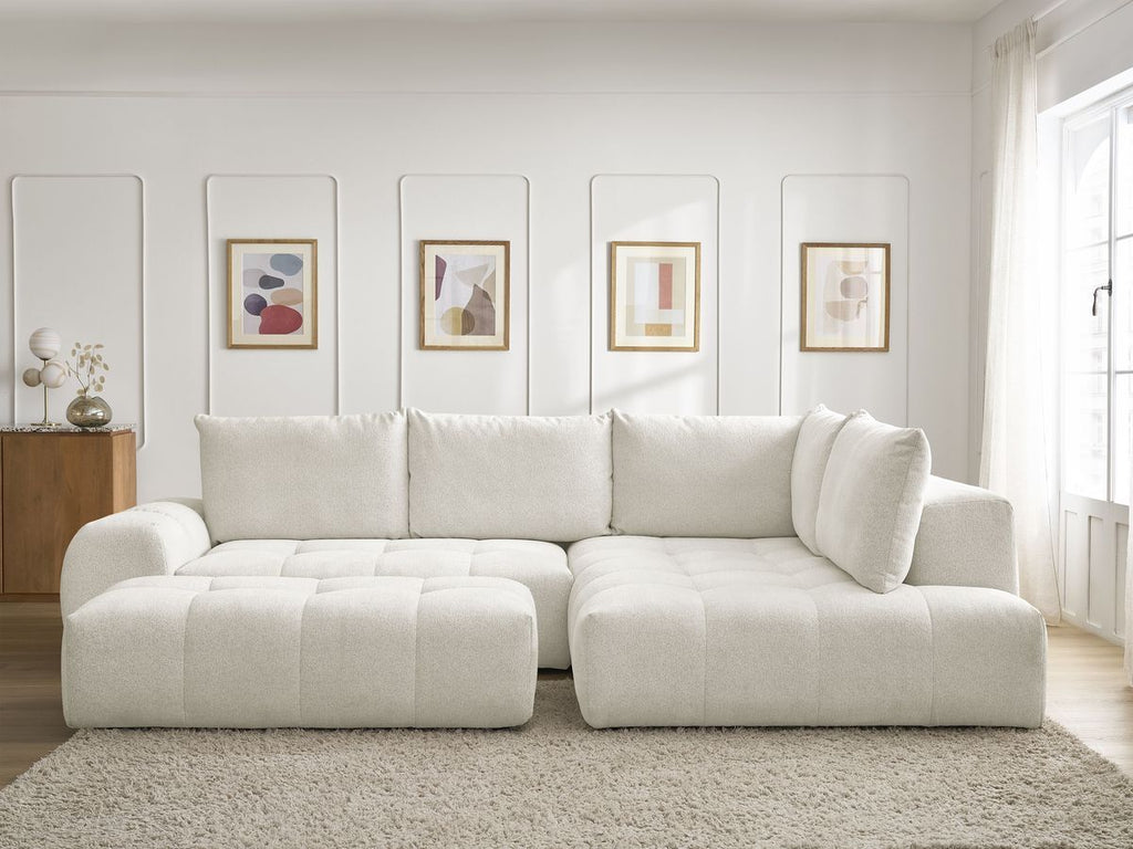 Canapé d'angle L convertible coffre EVEREST tissu chiné avec pouf