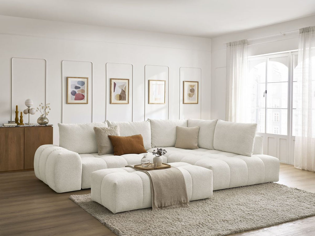 Canapé d'angle L convertible coffre EVEREST tissu chiné avec pouf