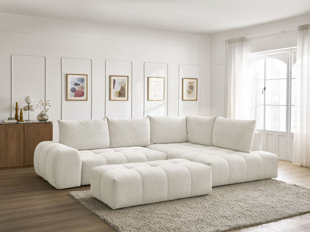 Canapé d'angle L convertible coffre EVEREST tissu chiné avec pouf