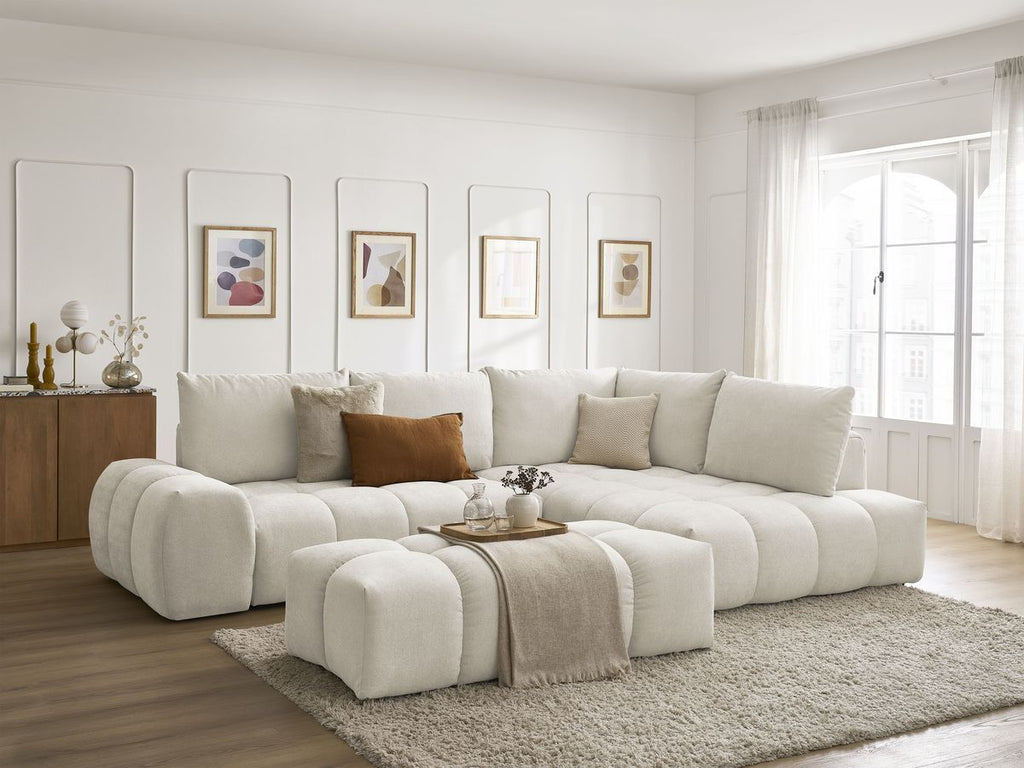Canapé d'angle L convertible coffre EVEREST tissu texturé avec pouf