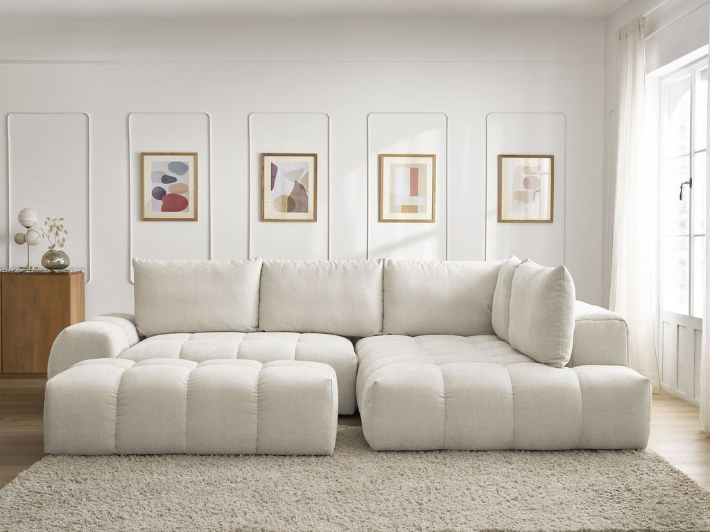 Canapé d'angle L convertible coffre EVEREST tissu texturé avec pouf