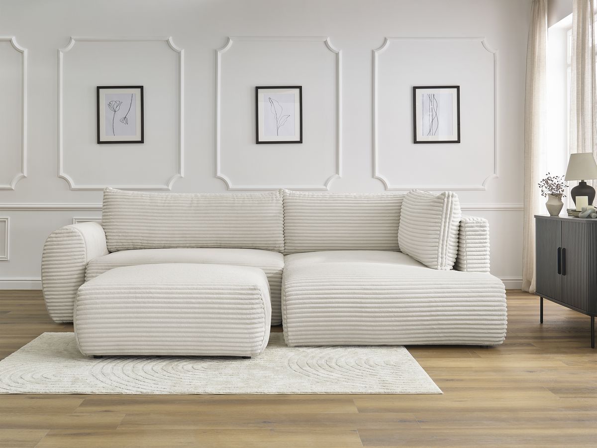 Canapé d'angle L convertible coffre LUCIEN gros côtelé doux avec pouf