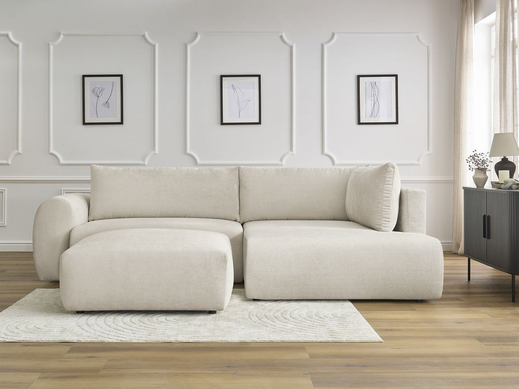Canapé d'angle L convertible coffre LUCIEN tissu lisse avec pouf