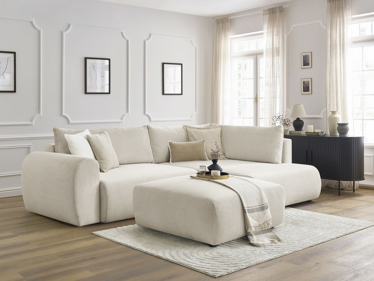 Canapé d'angle L convertible coffre LUCIEN tissu lisse avec pouf