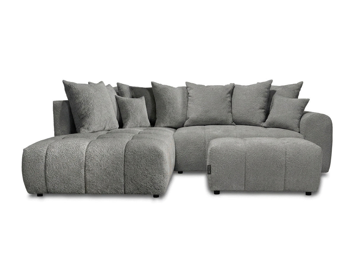 Canapé d'angle L convertible coffre ROXELANE tissu bouclette avec pouf