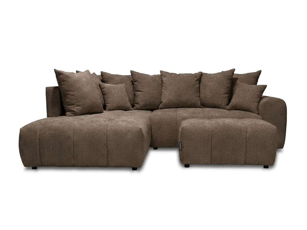 Canapé d'angle L convertible coffre ROXELANE tissu bouclette avec pouf