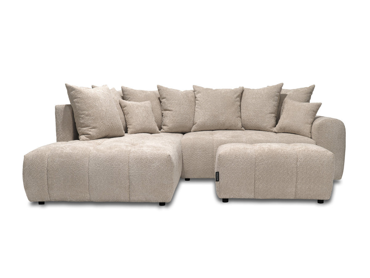 Canapé d'angle L convertible coffre ROXELANE tissu bouclette avec pouf