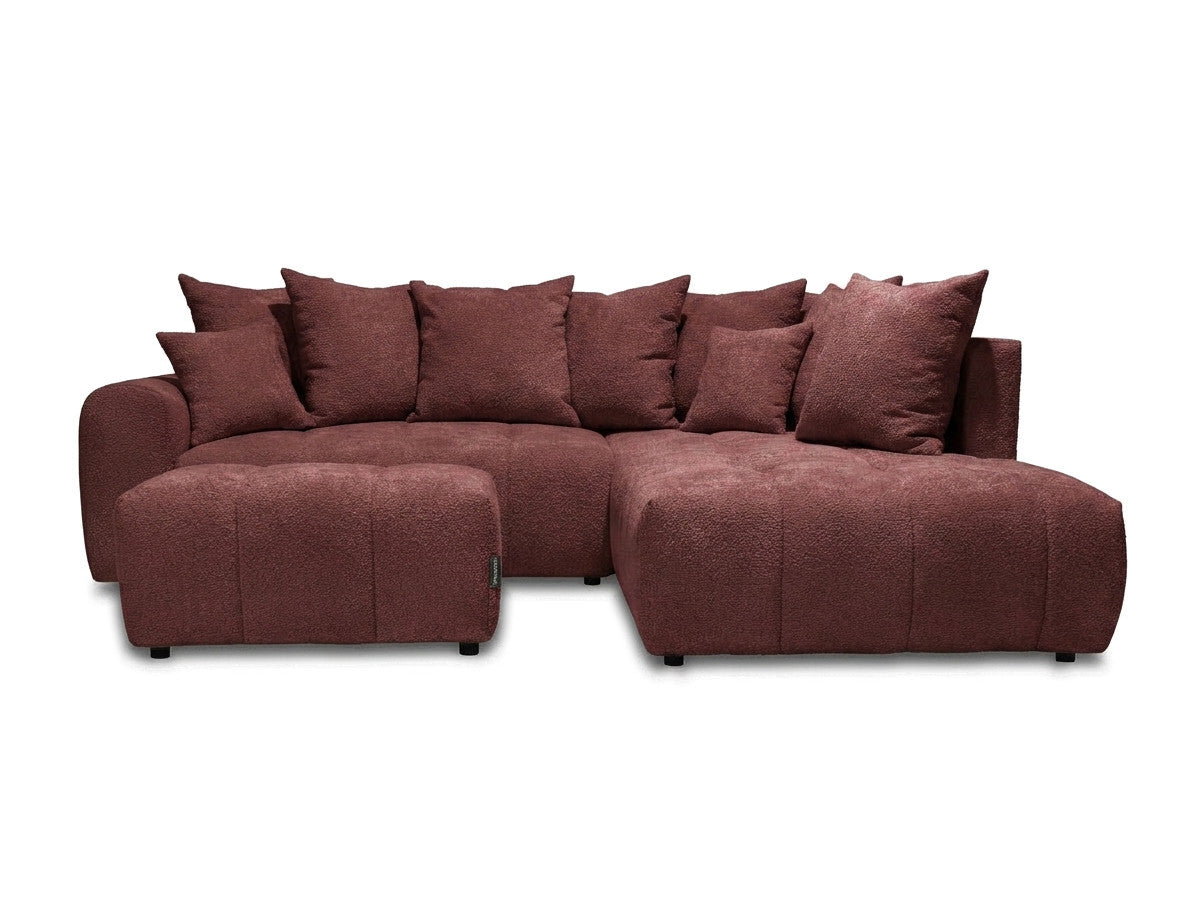 Canapé d'angle L convertible coffre ROXELANE tissu bouclette avec pouf