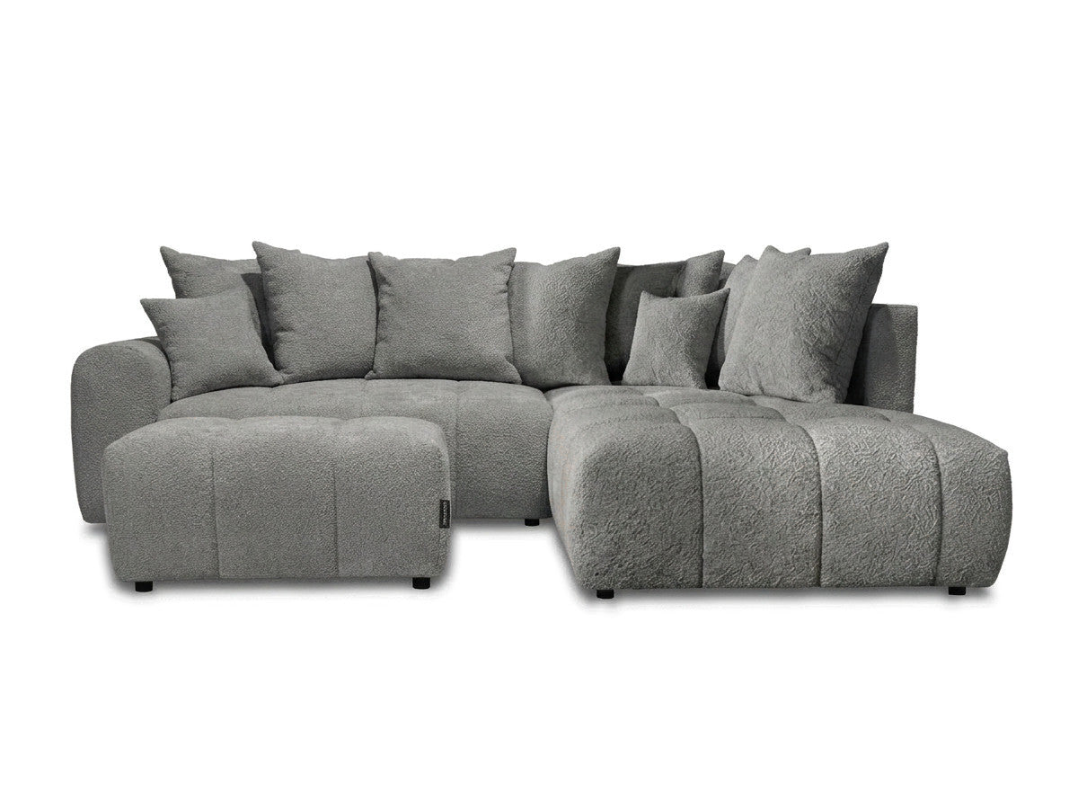 Canapé d'angle L convertible coffre ROXELANE tissu bouclette avec pouf