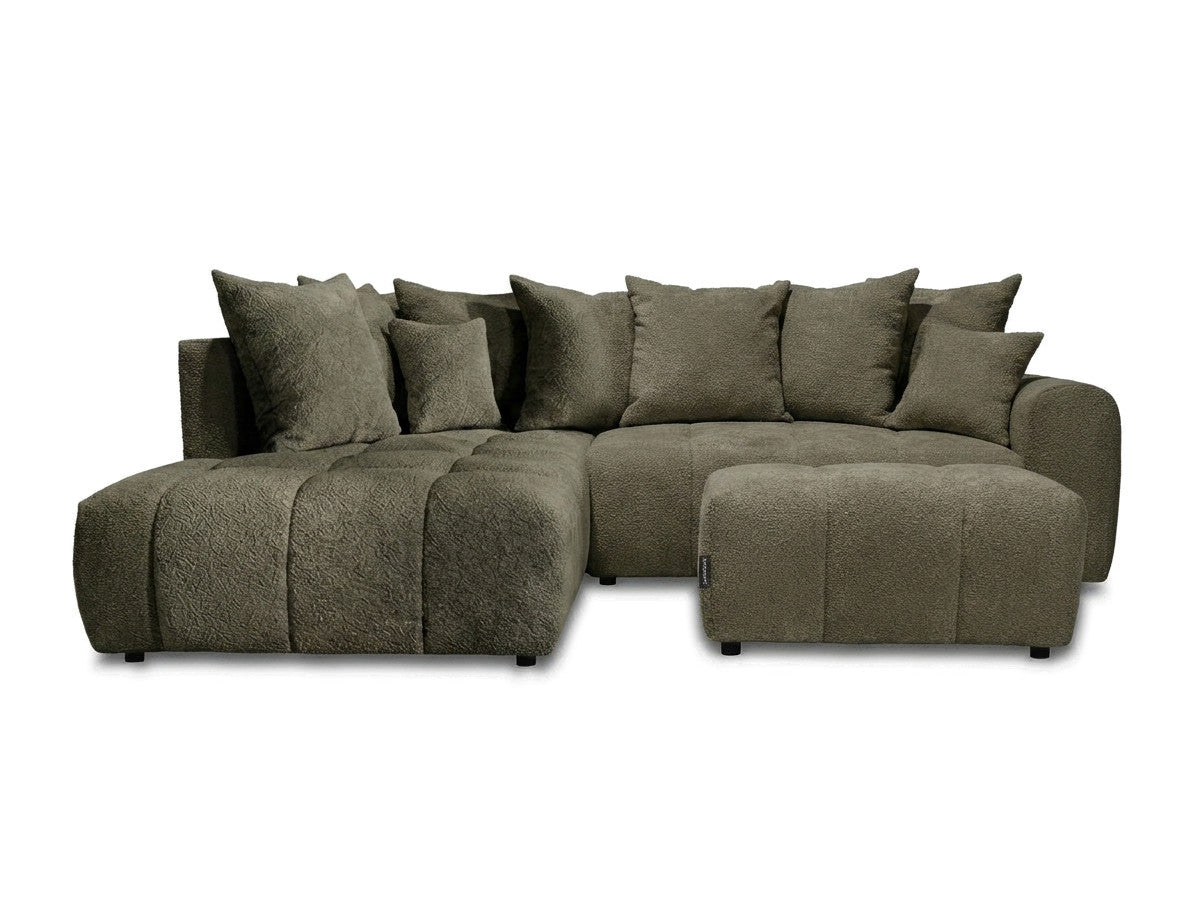 Canapé d'angle L convertible coffre ROXELANE tissu bouclette avec pouf