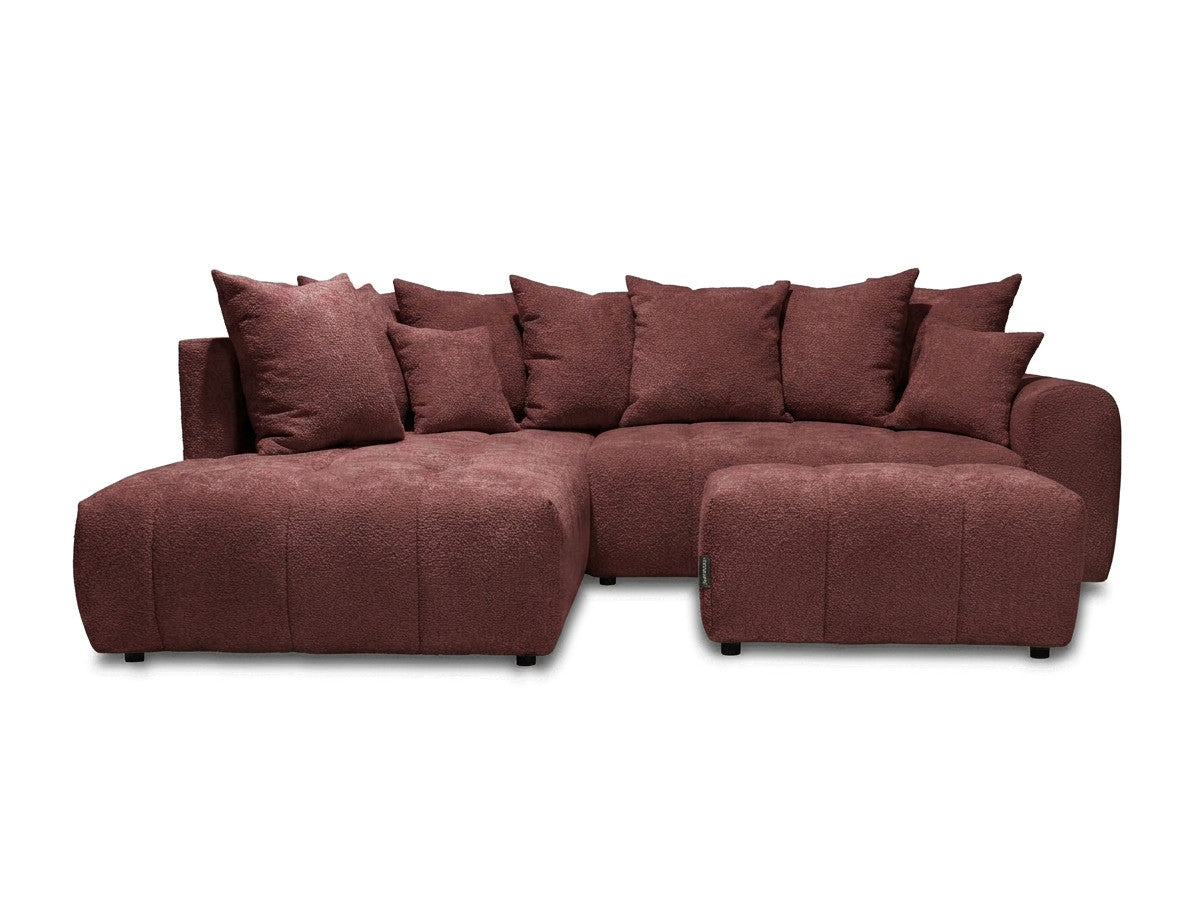 Canapé d'angle L convertible coffre ROXELANE tissu bouclette avec pouf