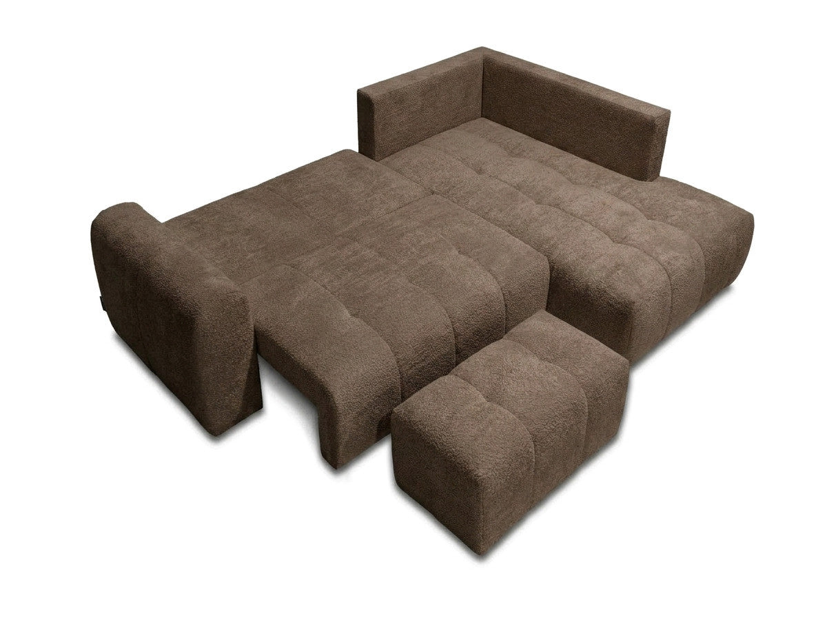 Canapé d'angle L convertible coffre ROXELANE tissu bouclette avec pouf
