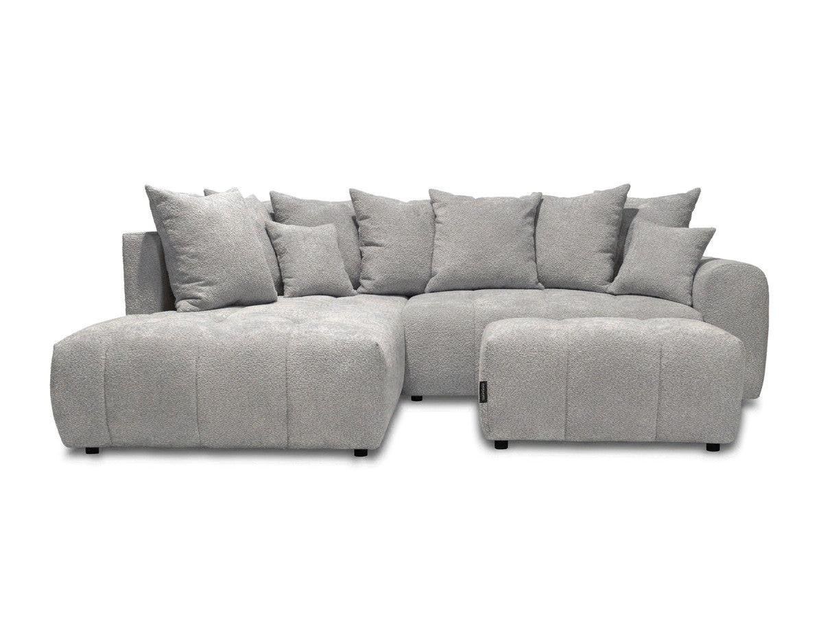 Canapé d'angle L convertible coffre ROXELANE tissu bouclette avec pouf