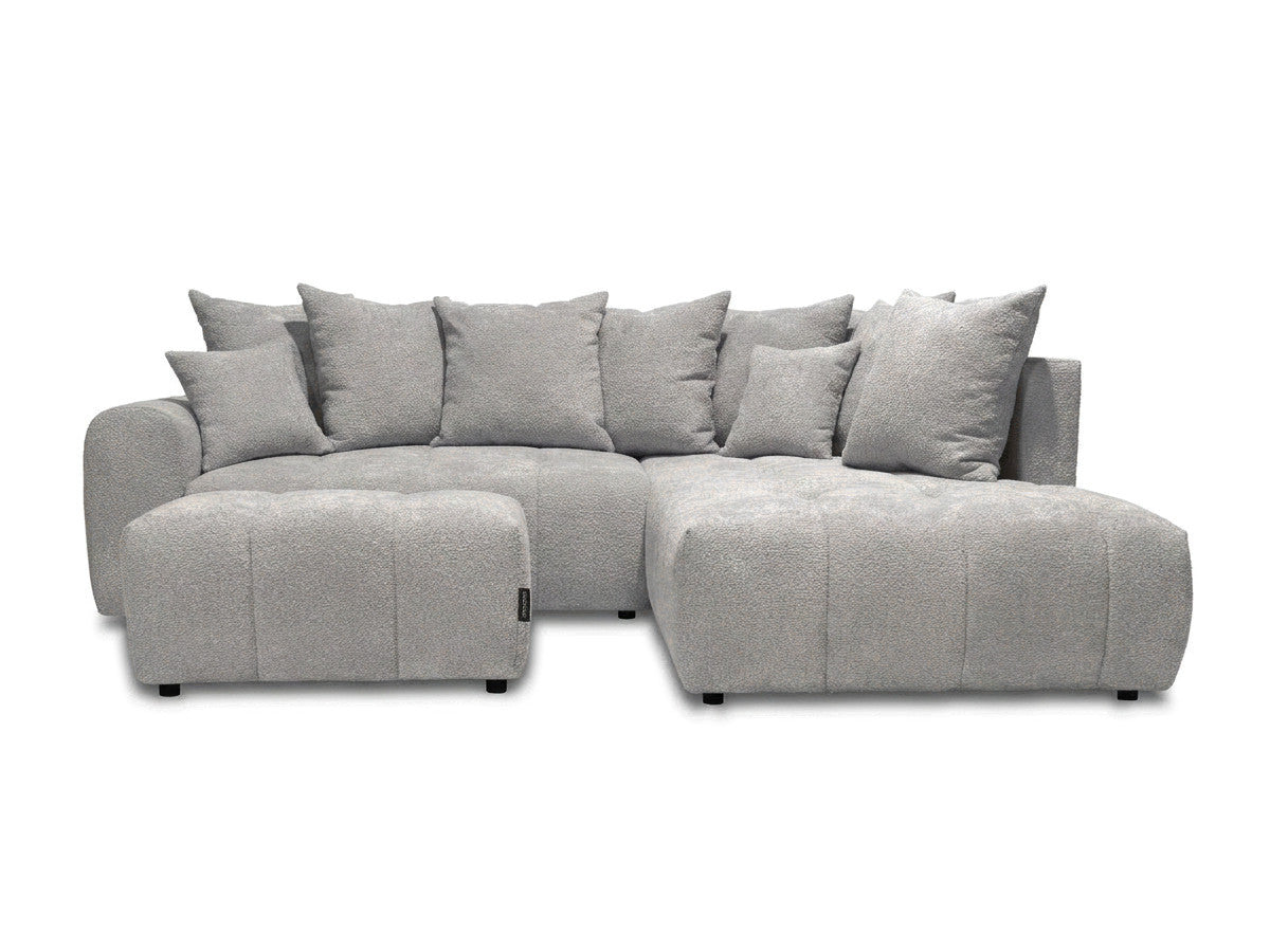 Canapé d'angle L convertible coffre ROXELANE tissu bouclette avec pouf