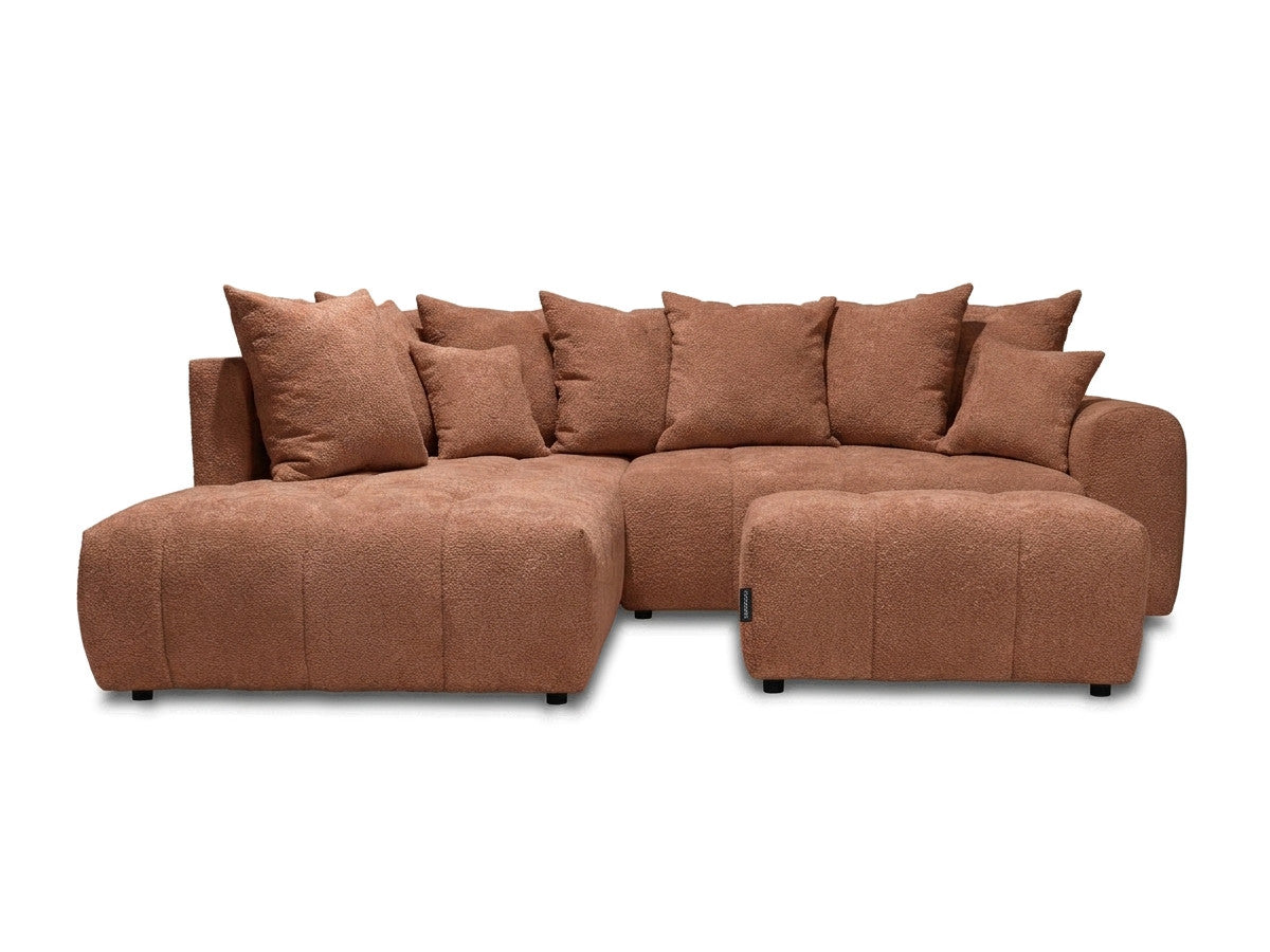 Canapé d'angle L convertible coffre ROXELANE tissu bouclette avec pouf