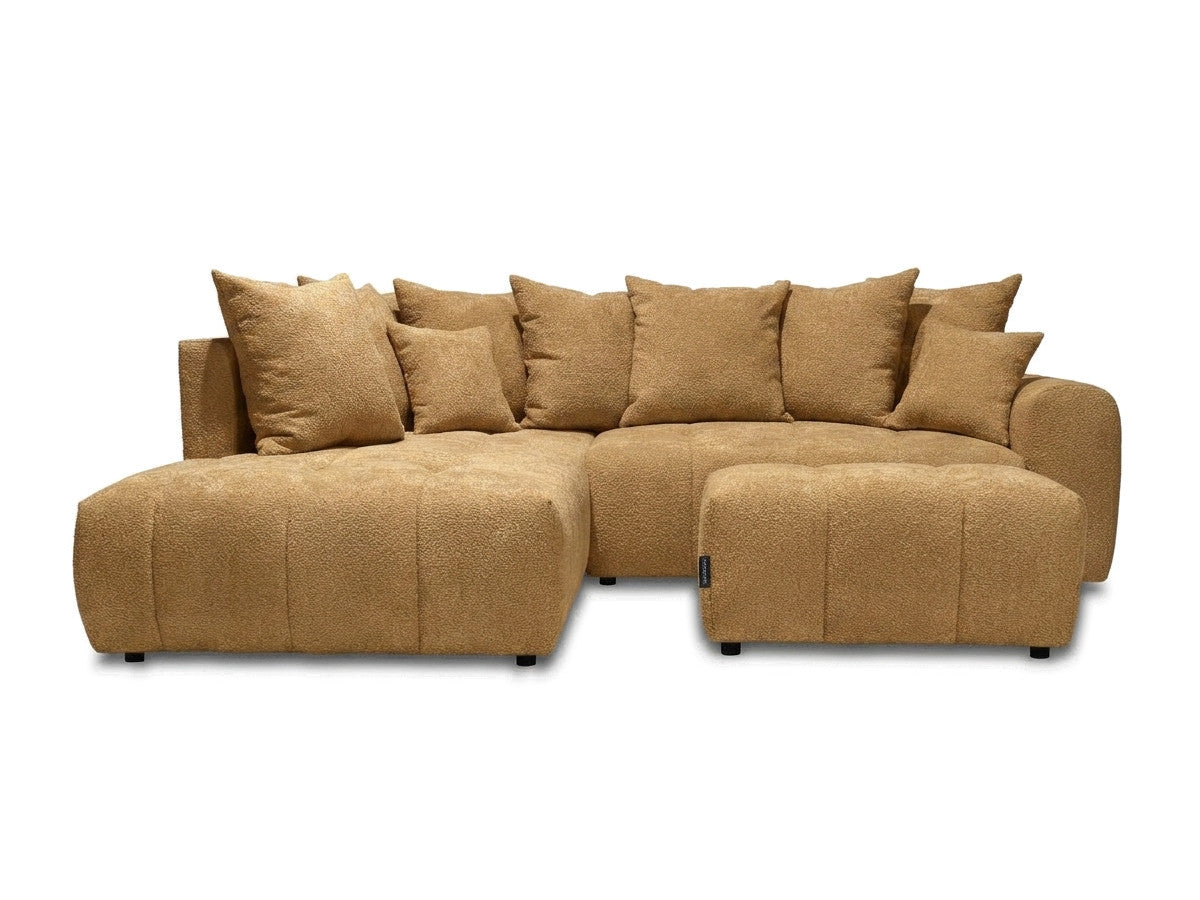 Canapé d'angle L convertible coffre ROXELANE tissu bouclette avec pouf