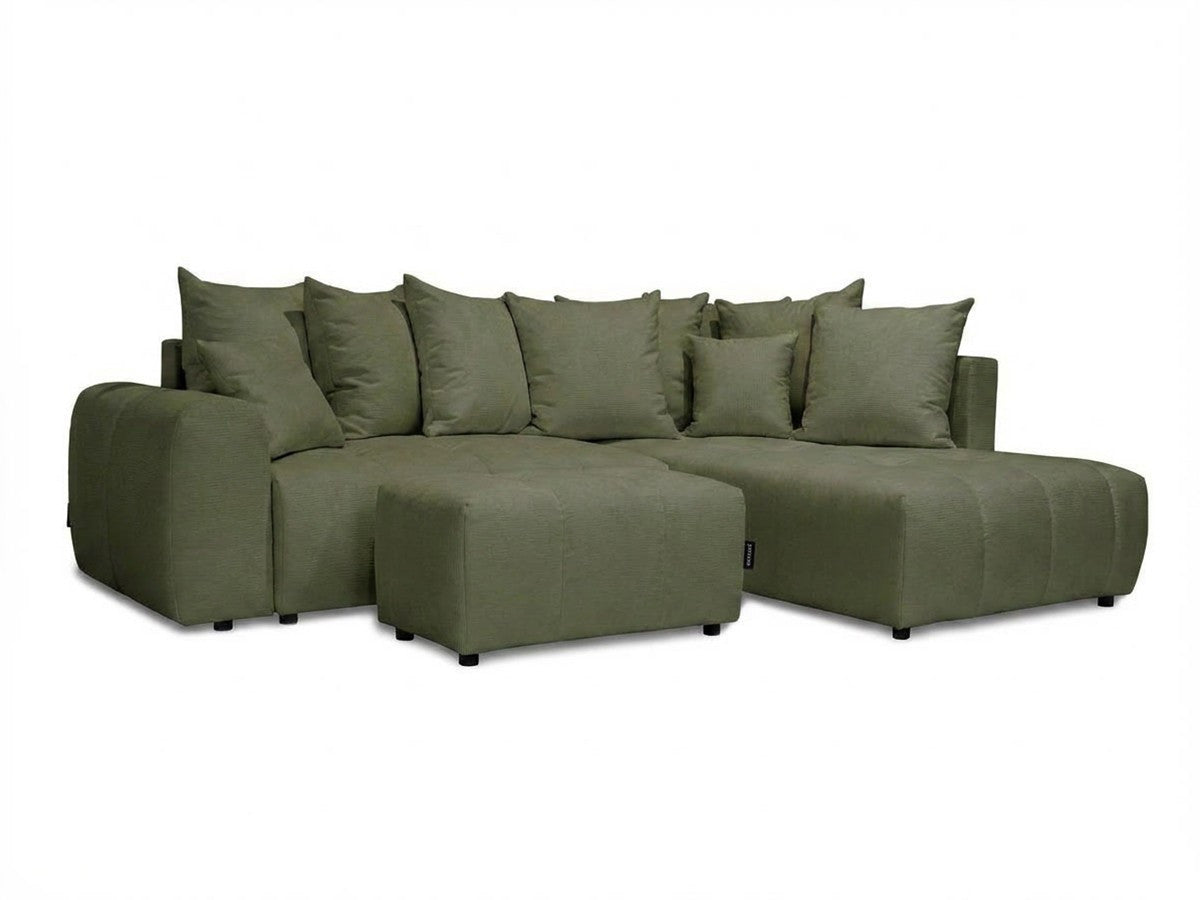 Canapé d'angle L convertible coffre ROXELANE tissu chiné avec pouf
