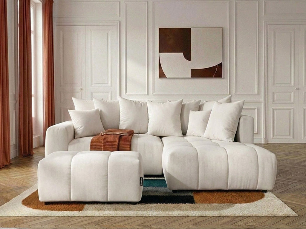 Canapé d'angle L convertible coffre ROXELANE tissu chiné avec pouf