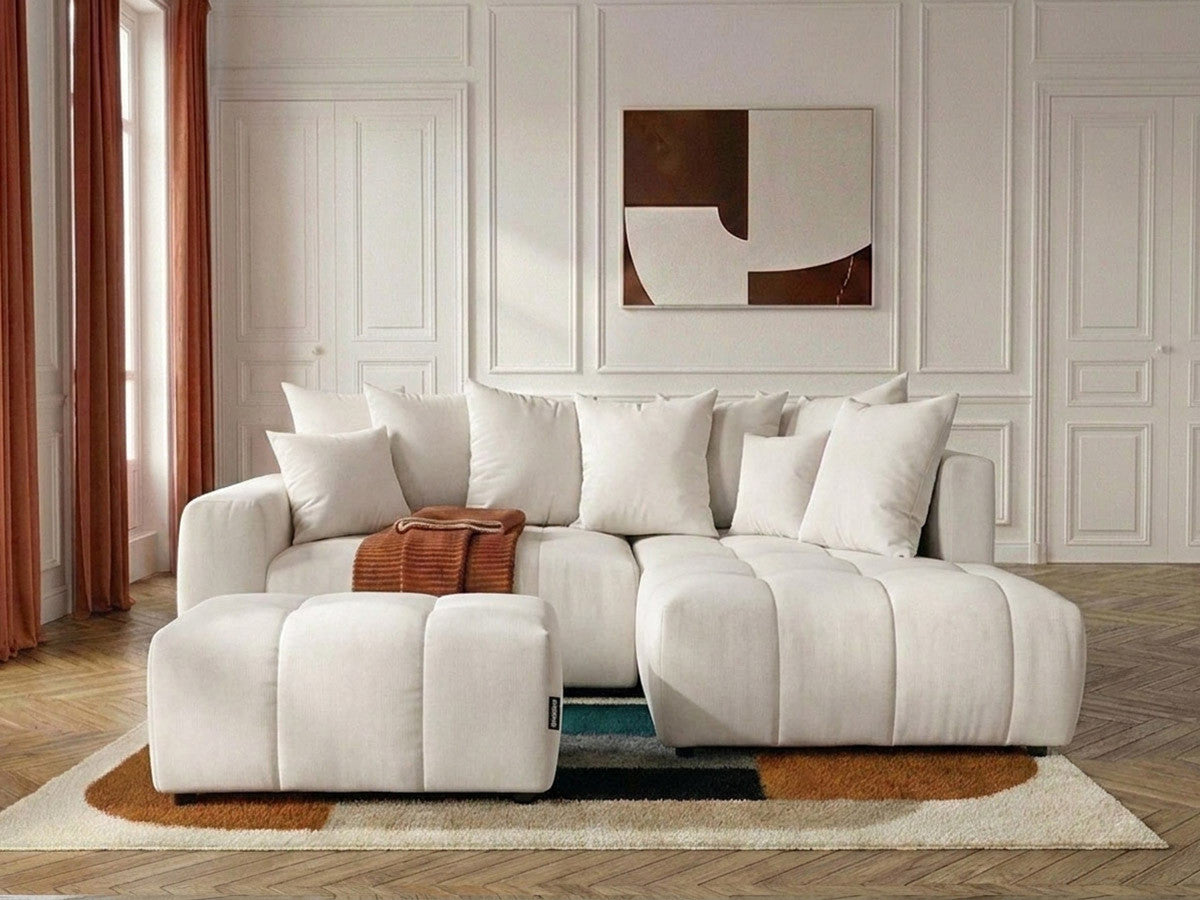 Canapé d'angle L convertible coffre ROXELANE tissu chiné avec pouf