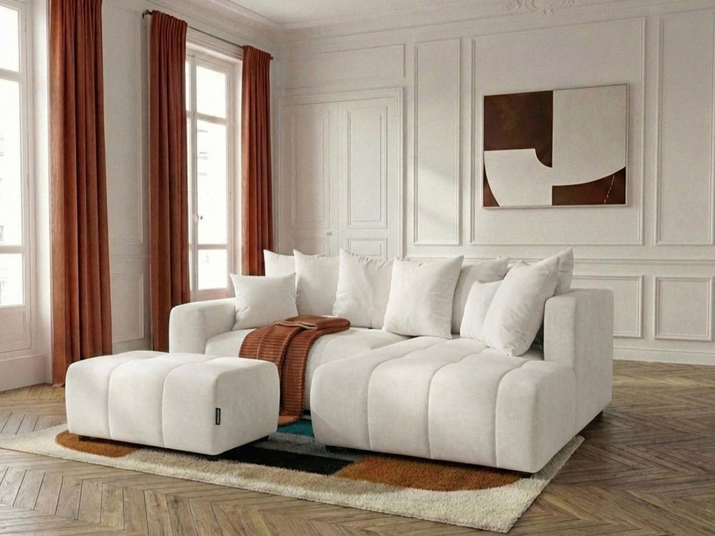 Canapé d'angle L convertible coffre ROXELANE tissu chiné avec pouf