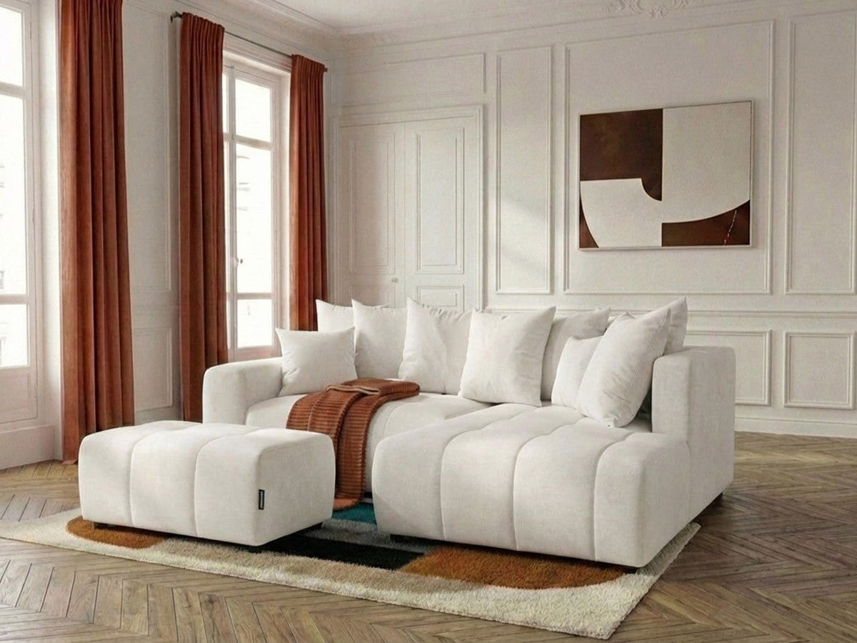Canapé d'angle L convertible coffre ROXELANE tissu chiné avec pouf