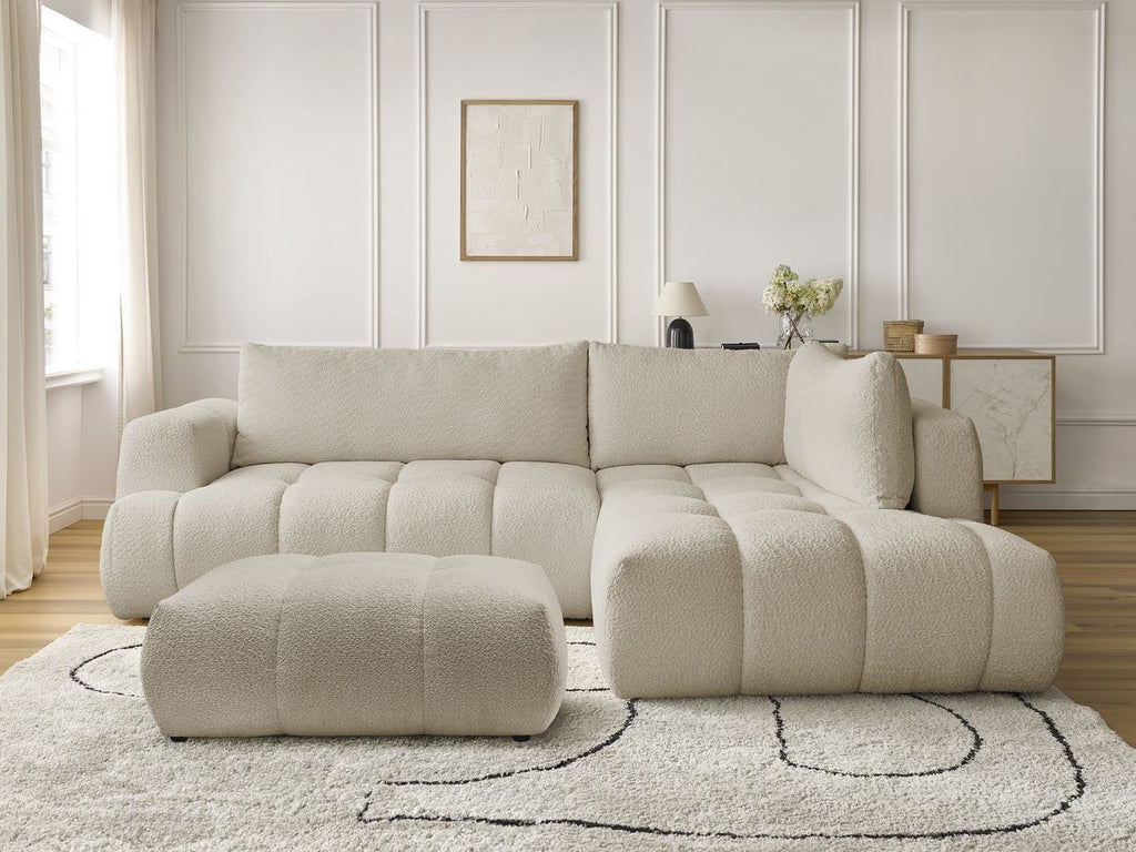 Canapé d'angle L convertible FUJI tissu bouclette avec pouf
