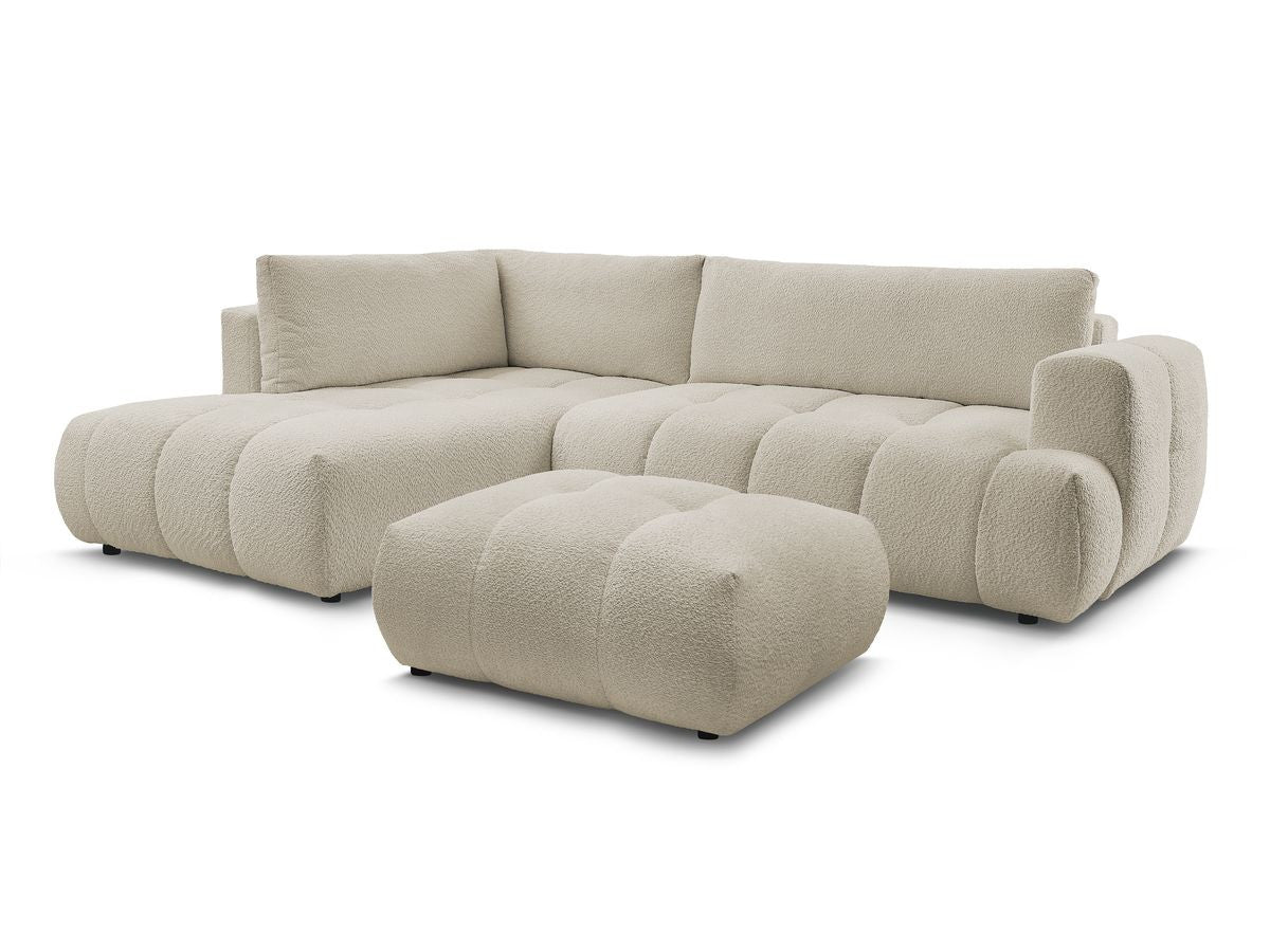 Canapé d'angle L convertible FUJI tissu bouclette avec pouf