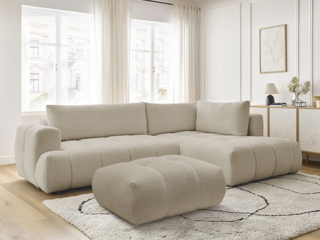 Canapé d'angle L convertible FUJI tissu bouclette avec pouf