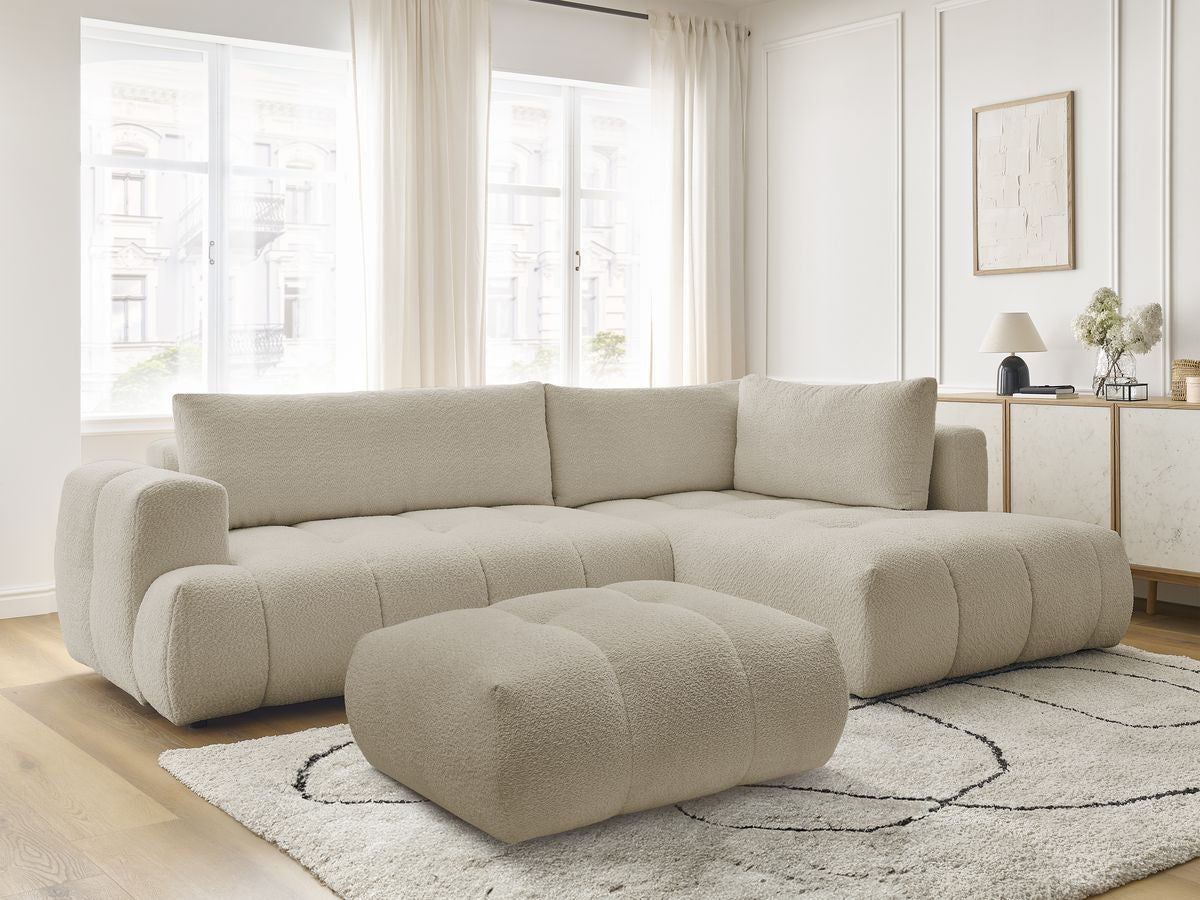 Canapé d'angle L convertible FUJI tissu bouclette avec pouf