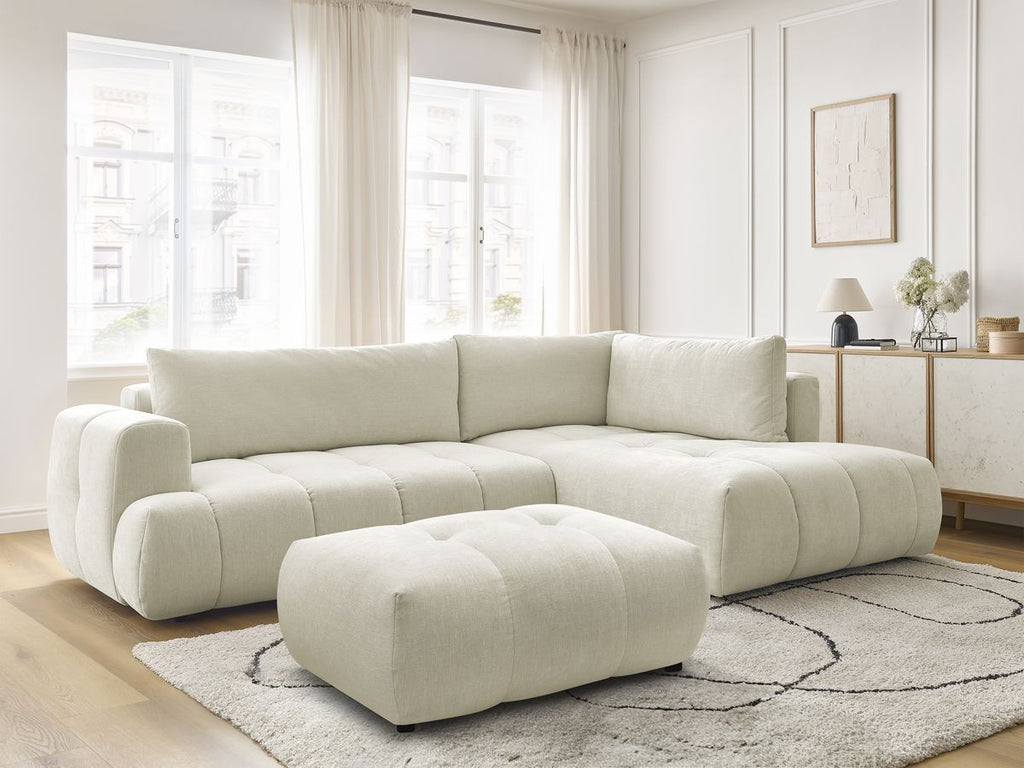 Canapé d'angle L convertible FUJI tissu lisse avec pouf