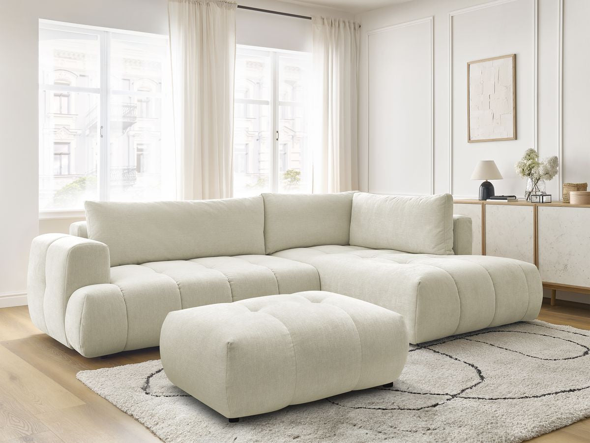 Canapé d'angle L convertible FUJI tissu lisse avec pouf