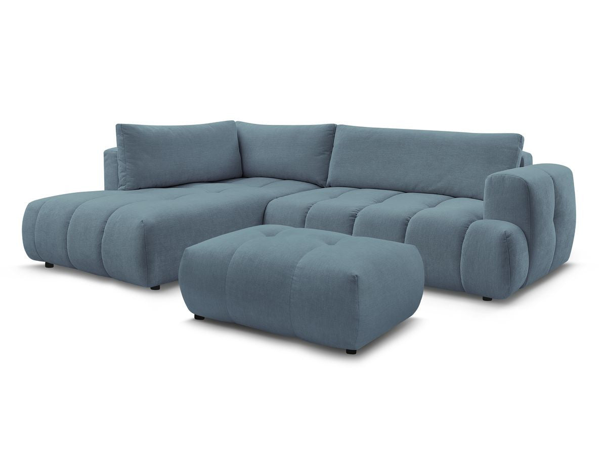 Canapé d'angle L convertible FUJI tissu lisse avec pouf