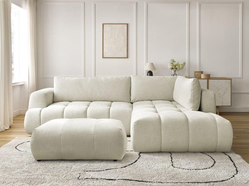 Canapé d'angle L convertible FUJI tissu lisse avec pouf