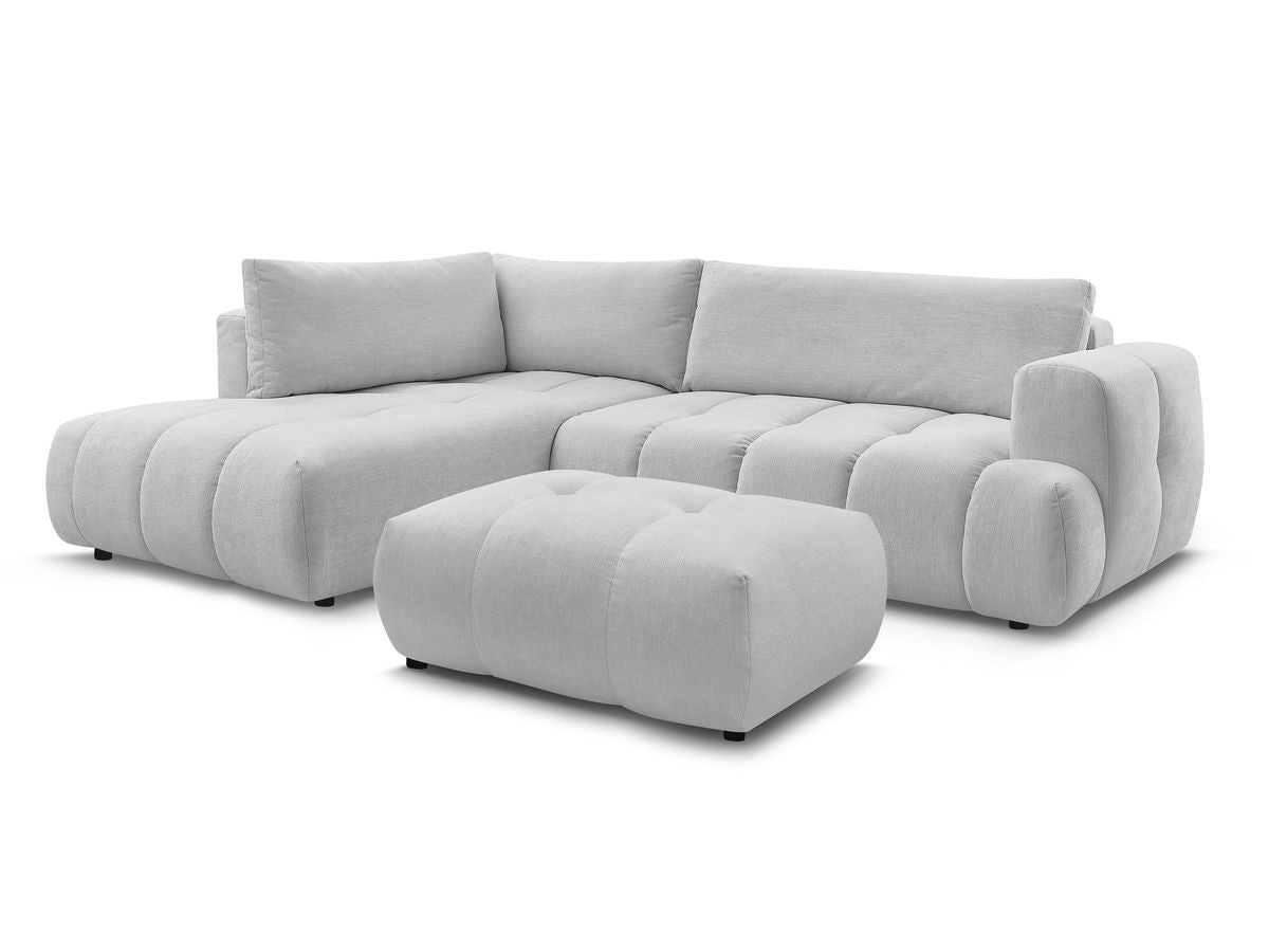Canapé d'angle L convertible FUJI tissu lisse avec pouf