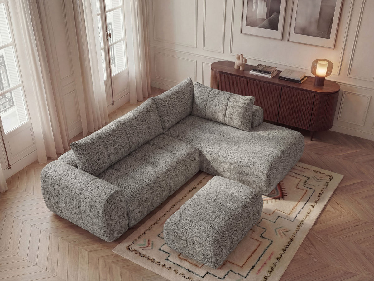 Canapé d'angle L fixe NESTY tissu chiné avec pouf