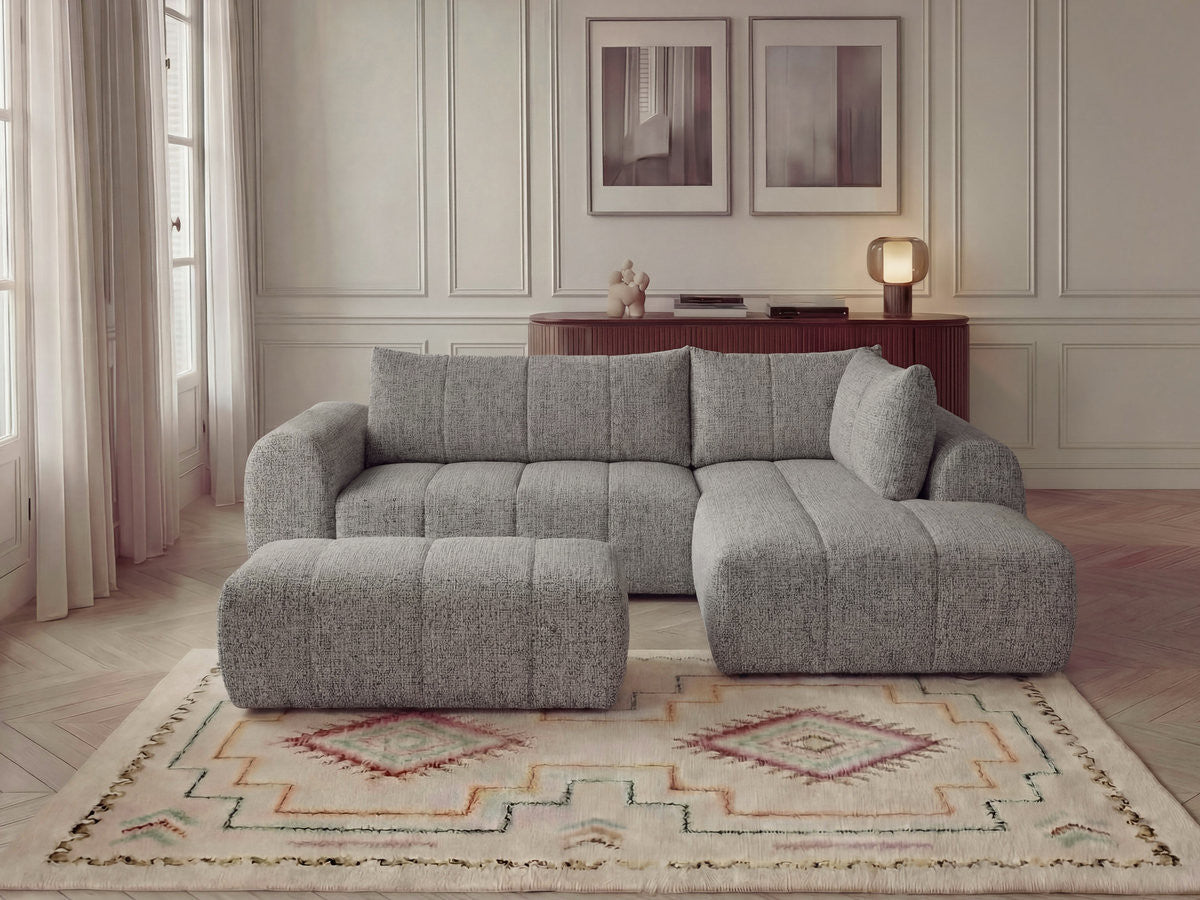 Canapé d'angle L fixe NESTY tissu chiné avec pouf