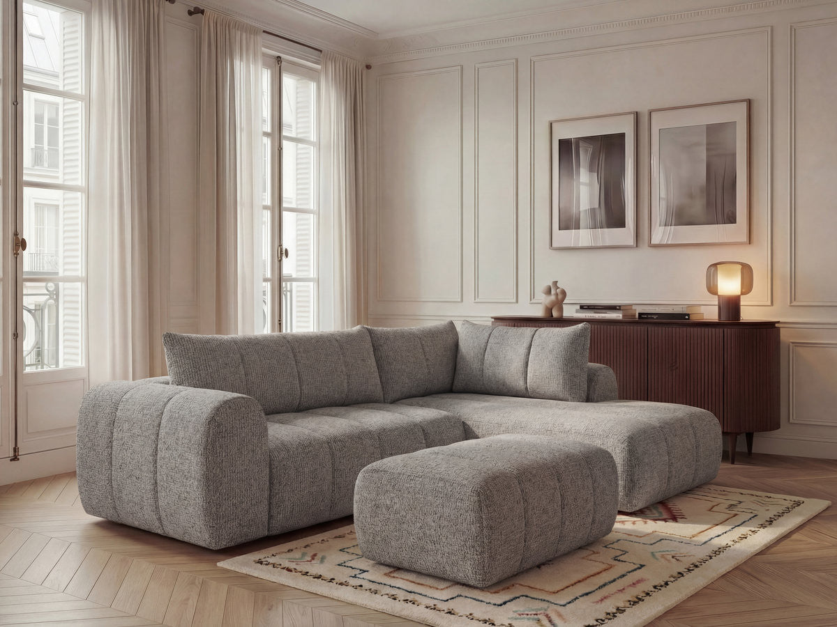 Canapé d'angle L fixe NESTY tissu chiné avec pouf
