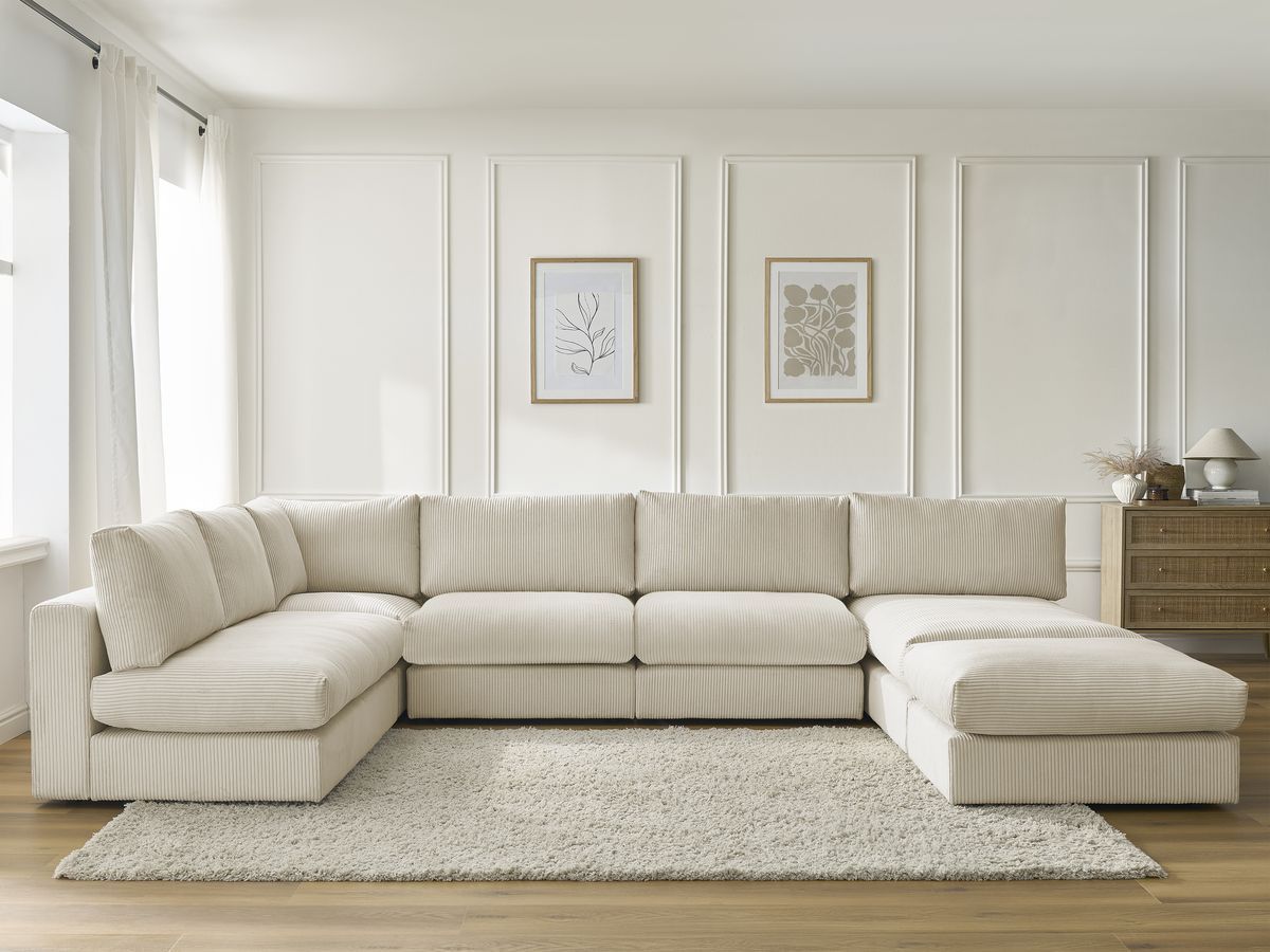 Canapé d'angle modulable PARIS velours côtelé avec 3 chauffeuses, 1 méridienne, 1 angle, et 1 pouf