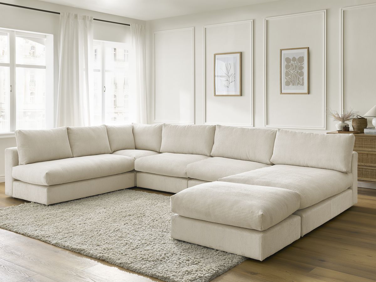 Canapé d'angle modulable PARIS velours côtelé avec 3 chauffeuses, 1 méridienne, 1 angle, et 1 pouf