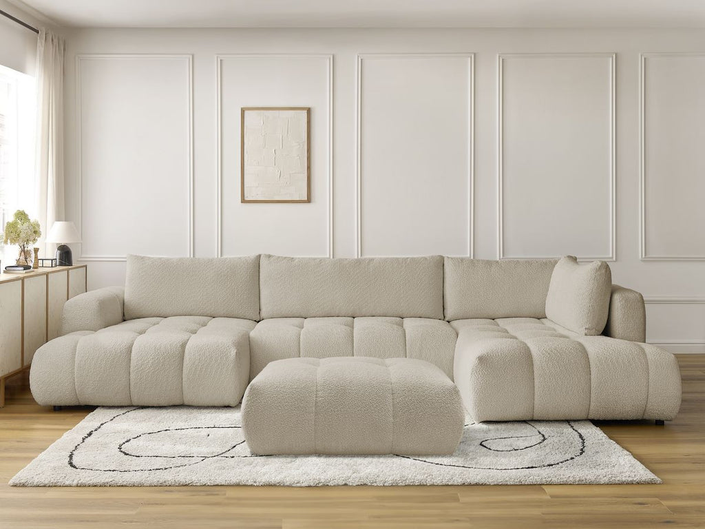 Canapé panoramique convertible FUJI tissu bouclette avec pouf