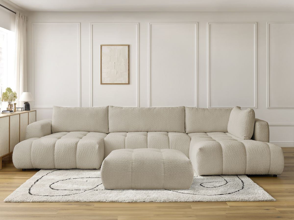 Canapé panoramique convertible FUJI tissu bouclette avec pouf