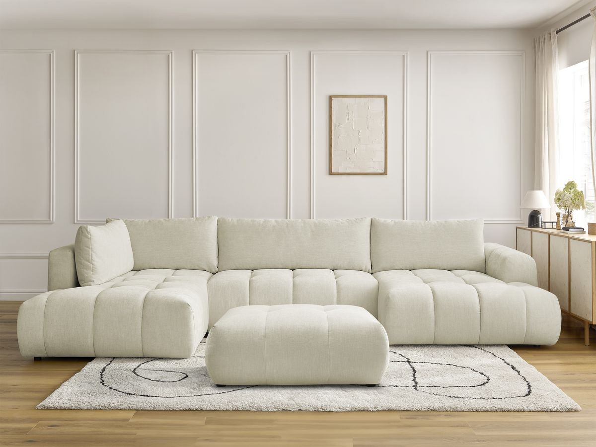 Canapé panoramique convertible FUJI tissu lisse avec pouf
