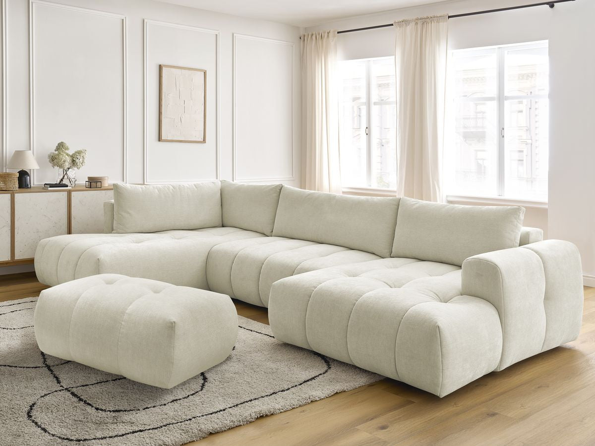 Canapé panoramique convertible FUJI tissu lisse avec pouf