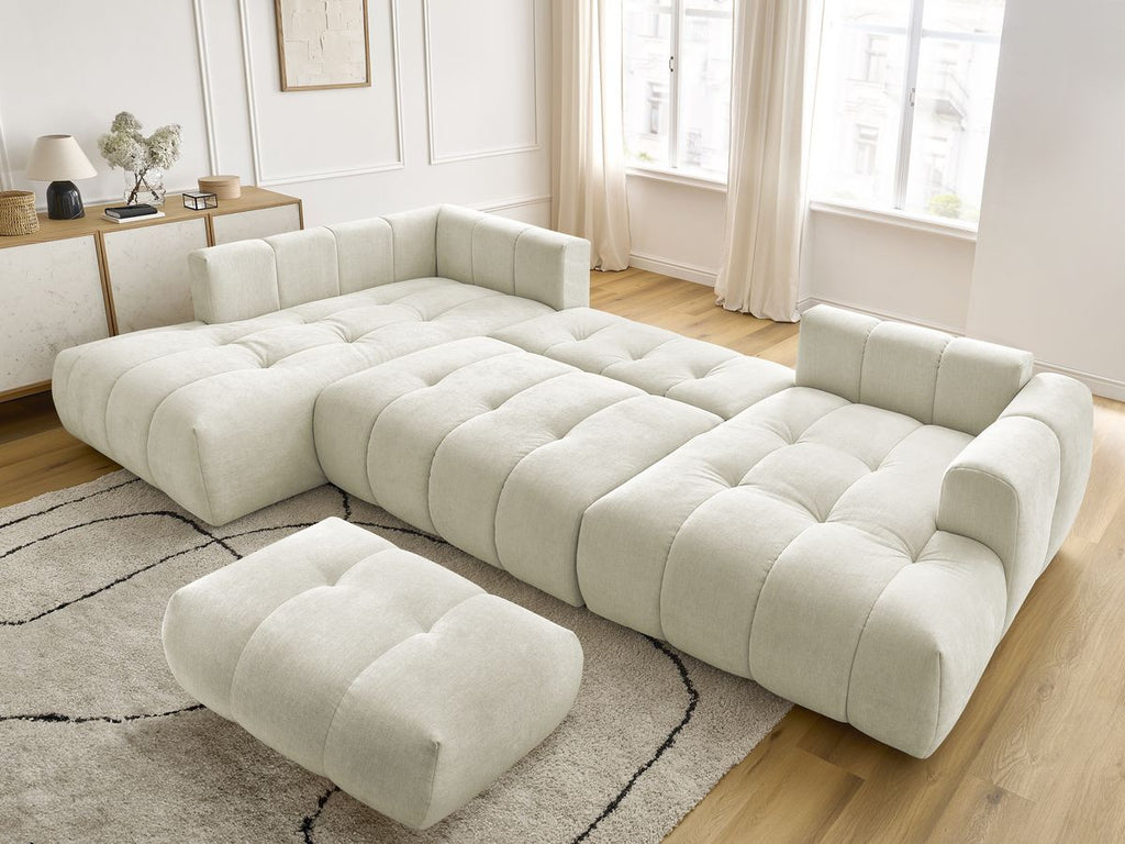 Canapé panoramique convertible FUJI tissu lisse avec pouf