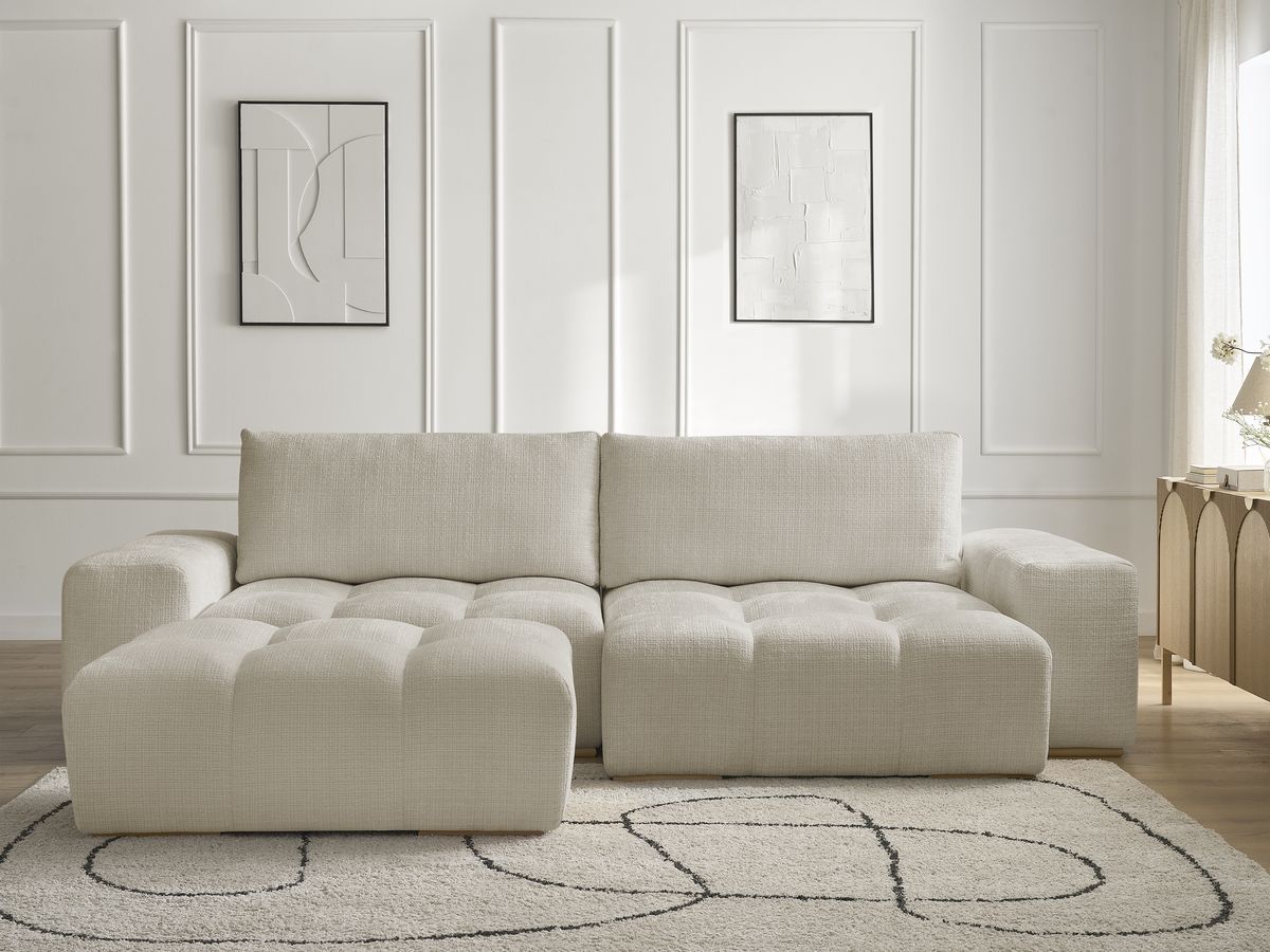 Canapé d'angle réversible convertible coffre ANAKIN tissu texturé avec pouf