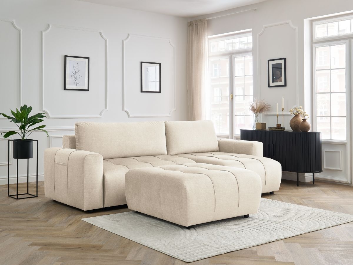 Canapé d'angle réversible convertible coffre ARSENE tissu velours avec pouf