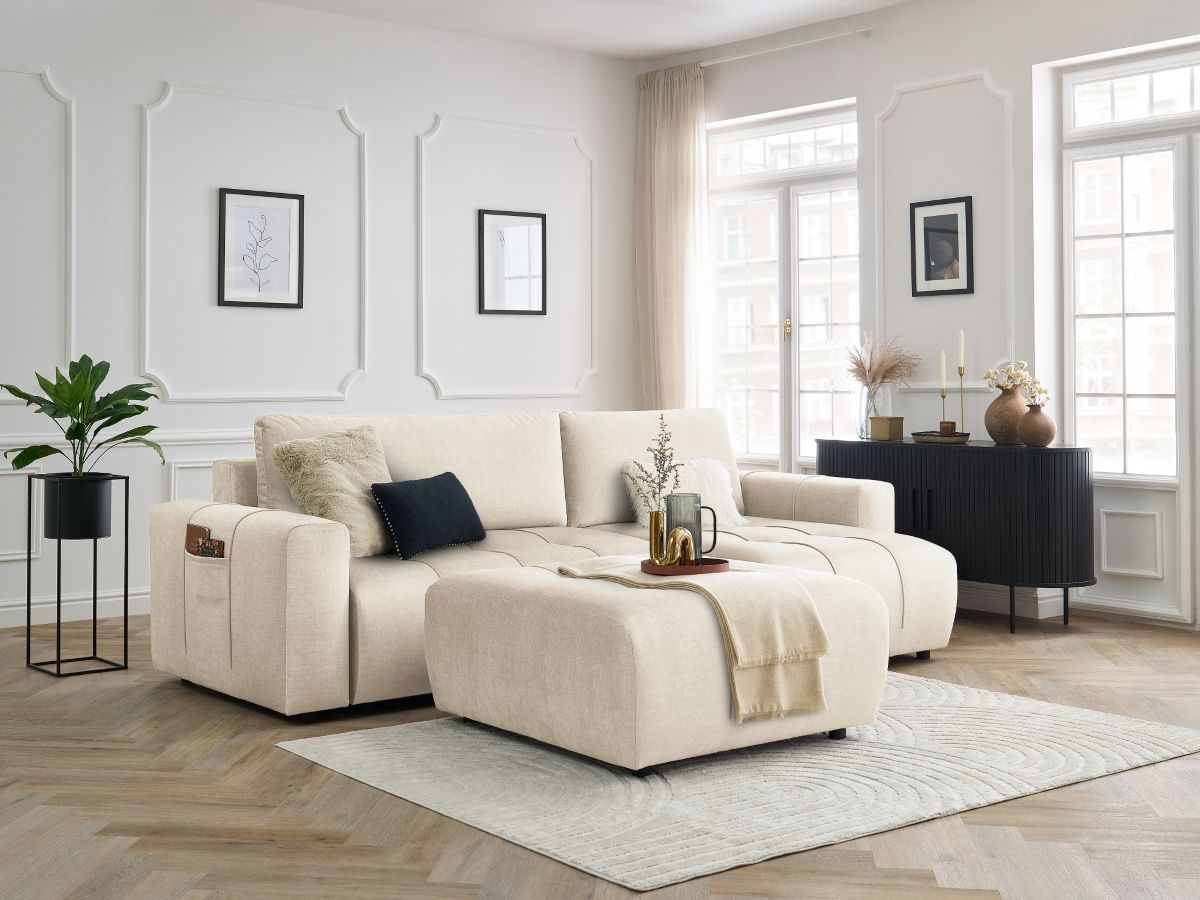 Canapé d'angle réversible convertible coffre ARSENE tissu velours avec pouf
